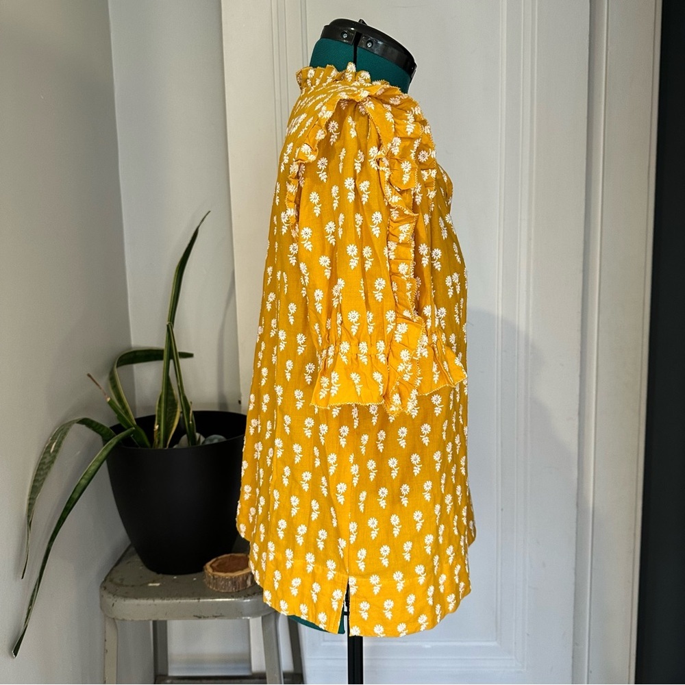 J. Crew Mustard Yellow Floral Tie-Neck Ruffle Sleeve Blouse - Picture 3 of 9